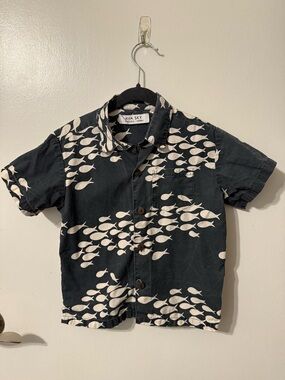 Boy’s Ava Sky Blue and White Fish-Print Button-Down Shirt